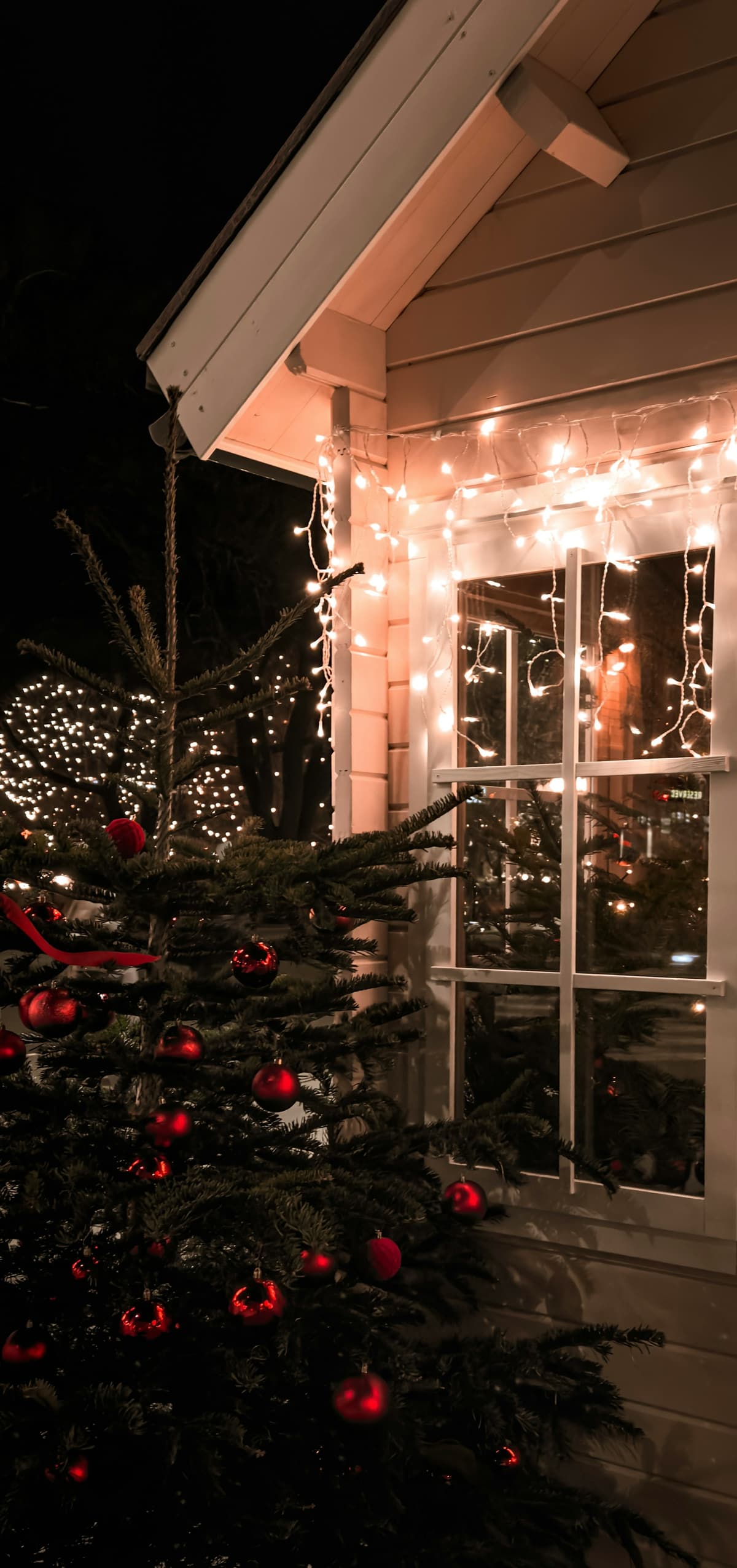Warm white lights hanging from the eave above a window, beside a tree decorated with red ornaments